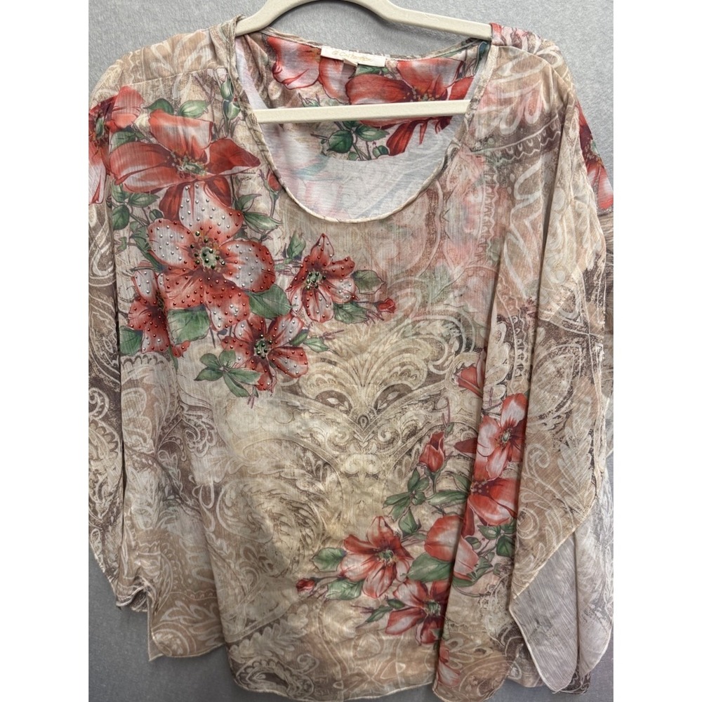 G Collection Multicolor Floral Embellished Overlay Tunic Neutral Paisley Boho 1X